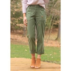 Anthropologie Women's Embroidered Floral Straight Leg Pants 26 Olive Green